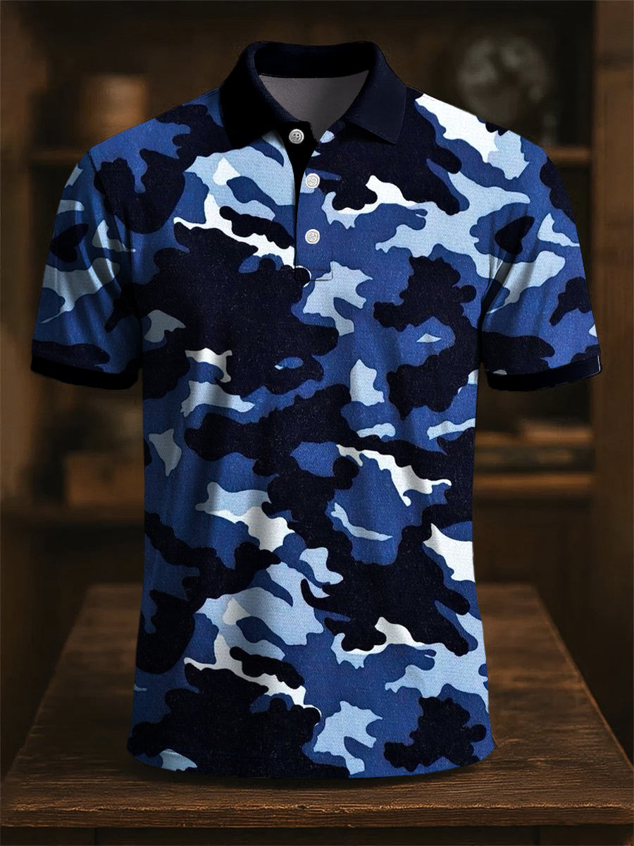 Polo casual da uomo con stampa artistica mimetica astratta