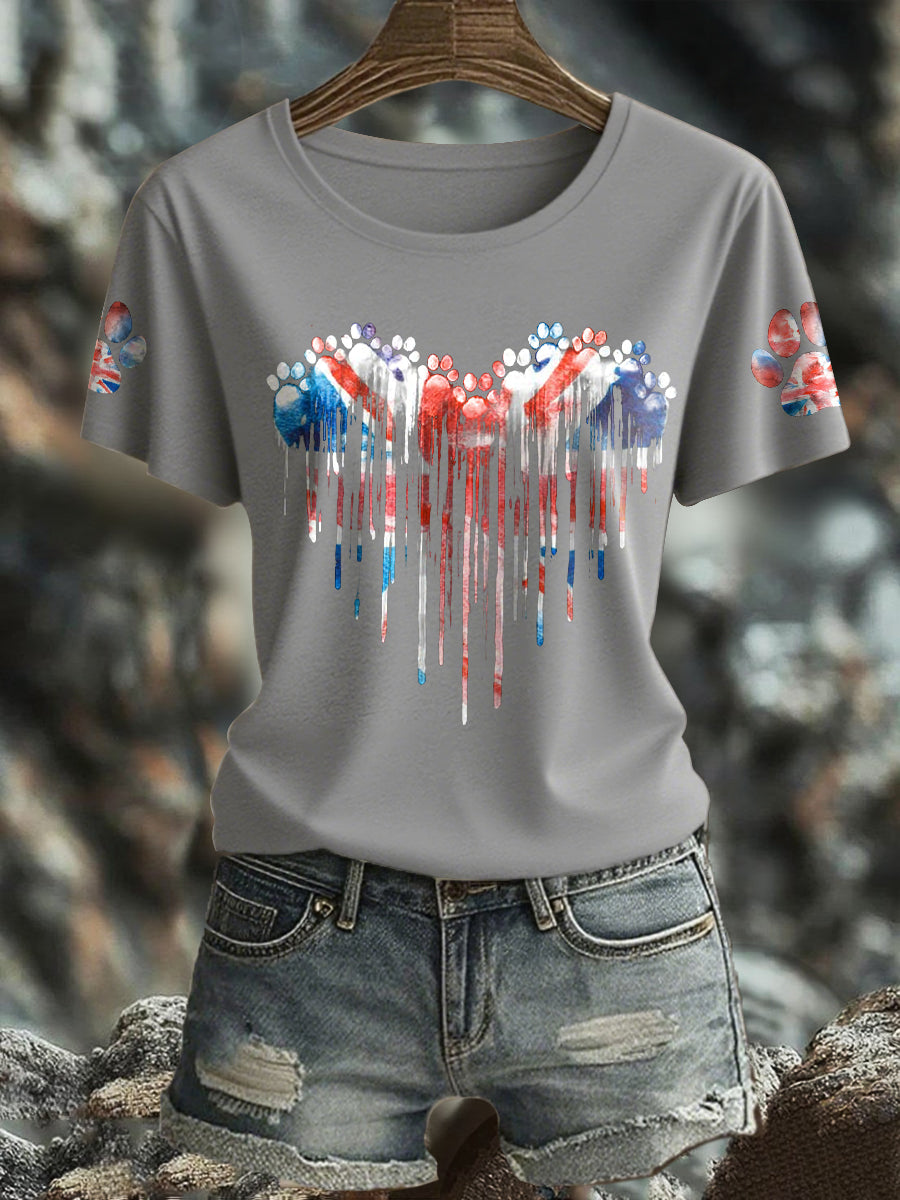 Women's UK Flag Watercolor Paws Printed T-shirt