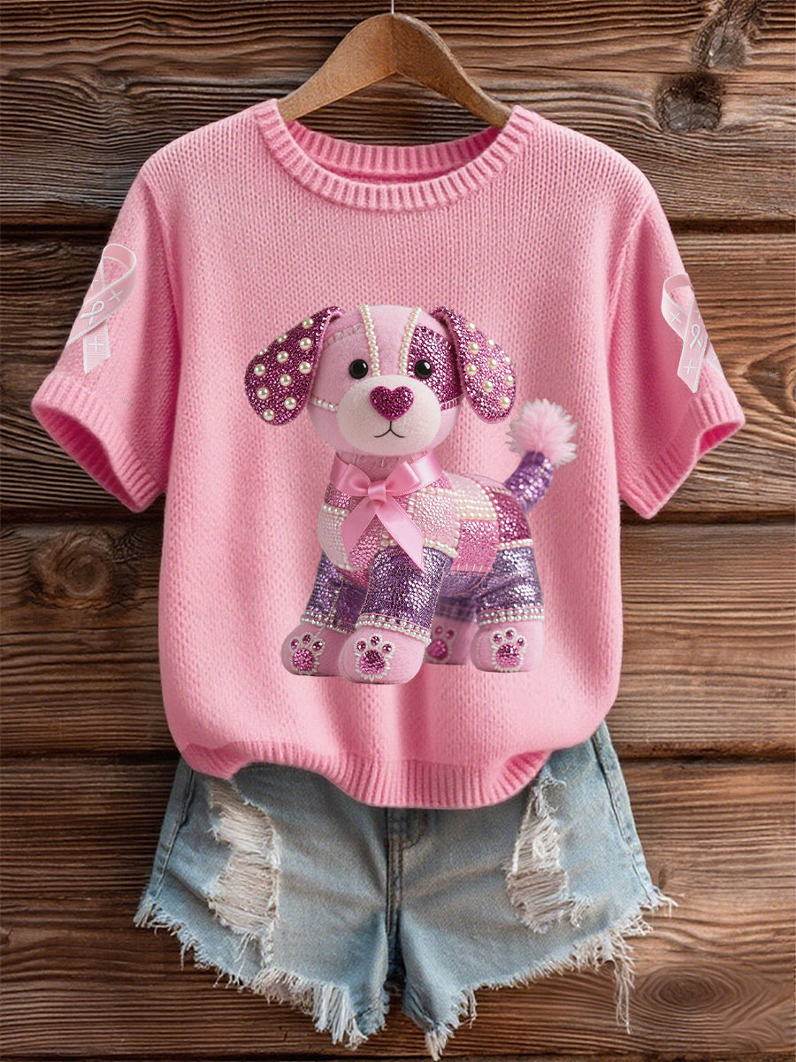 Women's Breast Cancer Awareness Support Pink Dog Pink Ribbon Print Short Sleeve Top