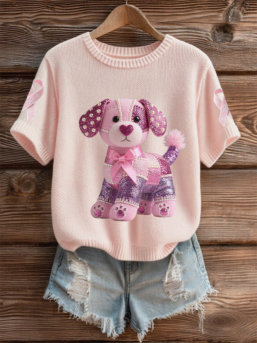 Women's Breast Cancer Awareness Support Pink Dog Pink Ribbon Print Short Sleeve Top