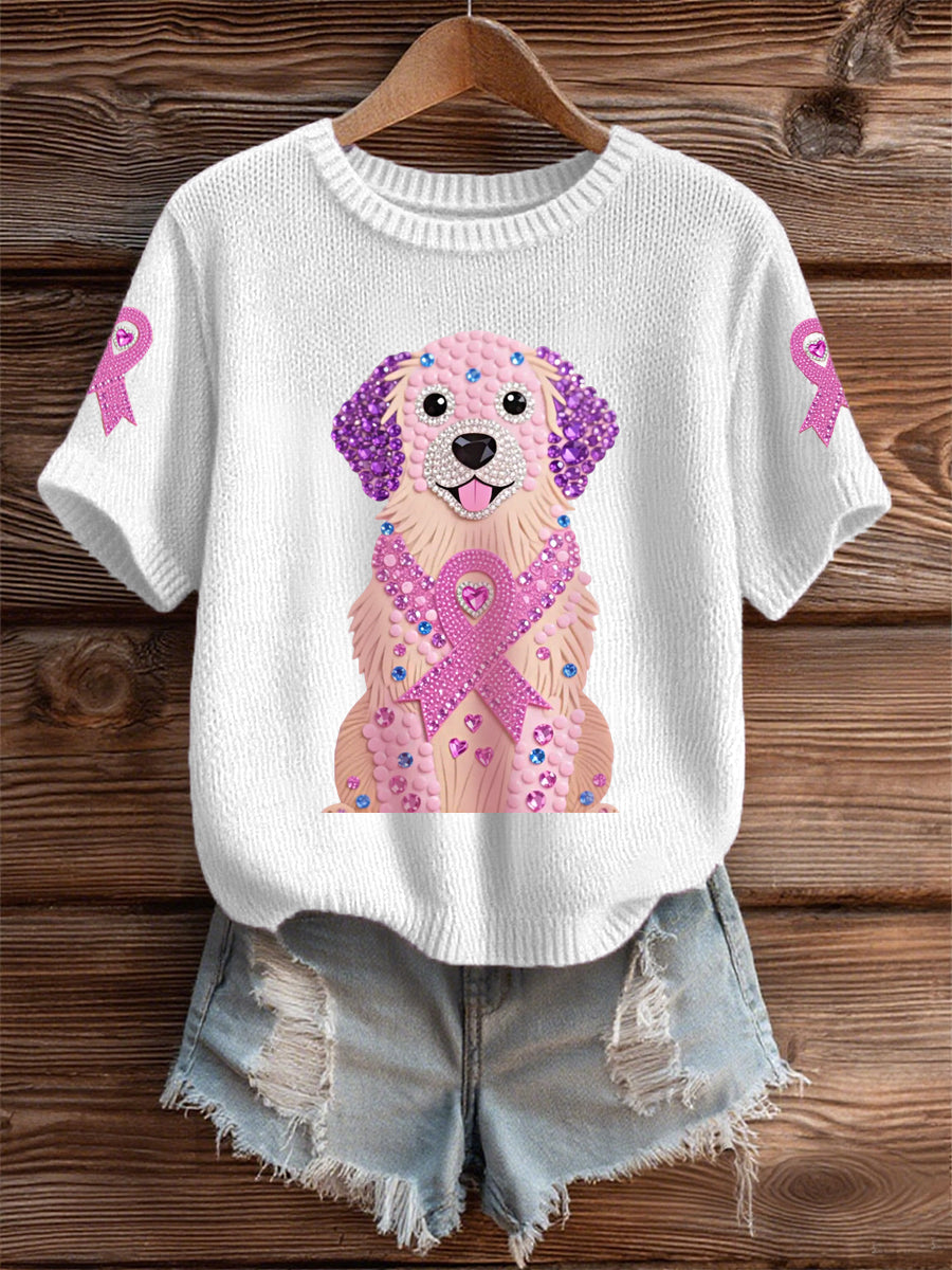 Women's Pink Rhinestone Dog Pink Ribbon Print Breast Cancer Awareness Support Tee