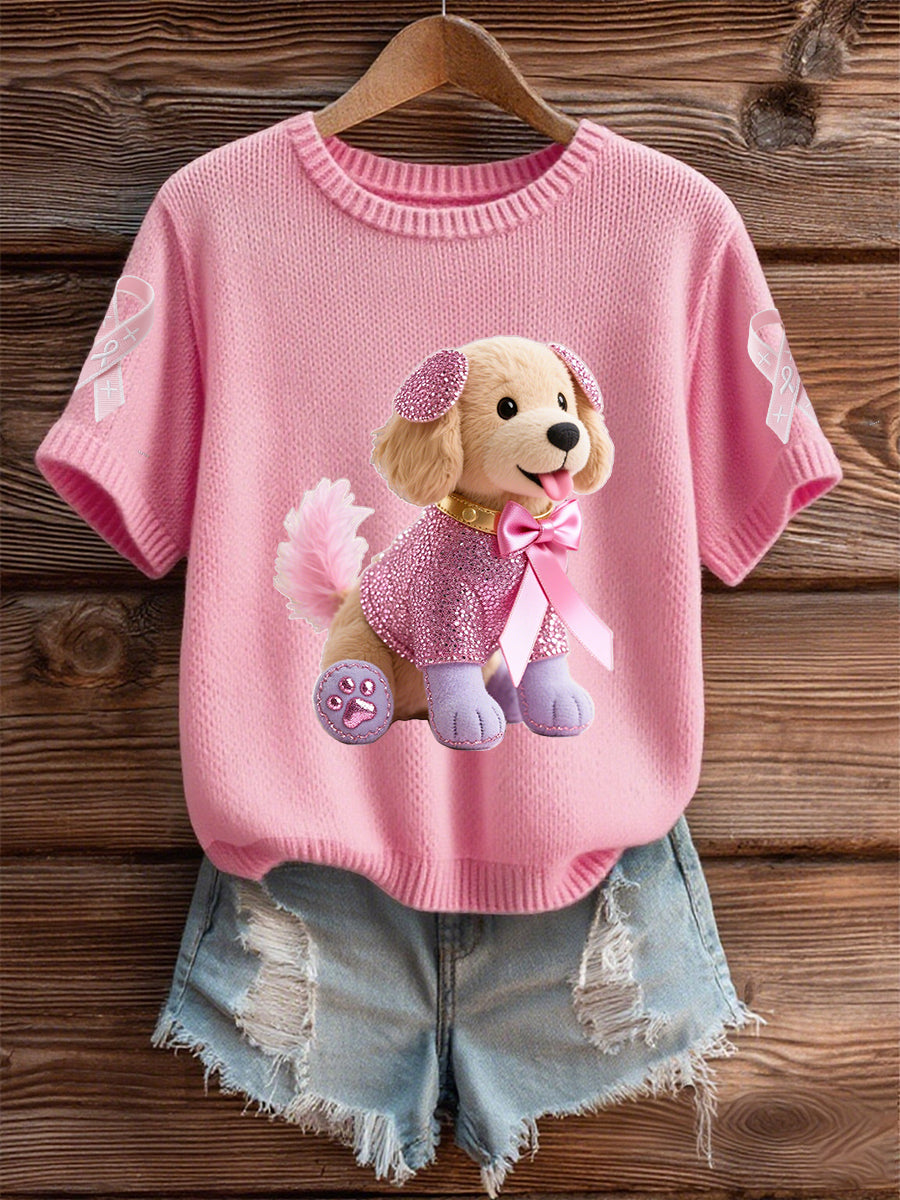 Women's Breast Cancer Awareness Support Pink Dog Pink Ribbon Print Short Sleeve Top