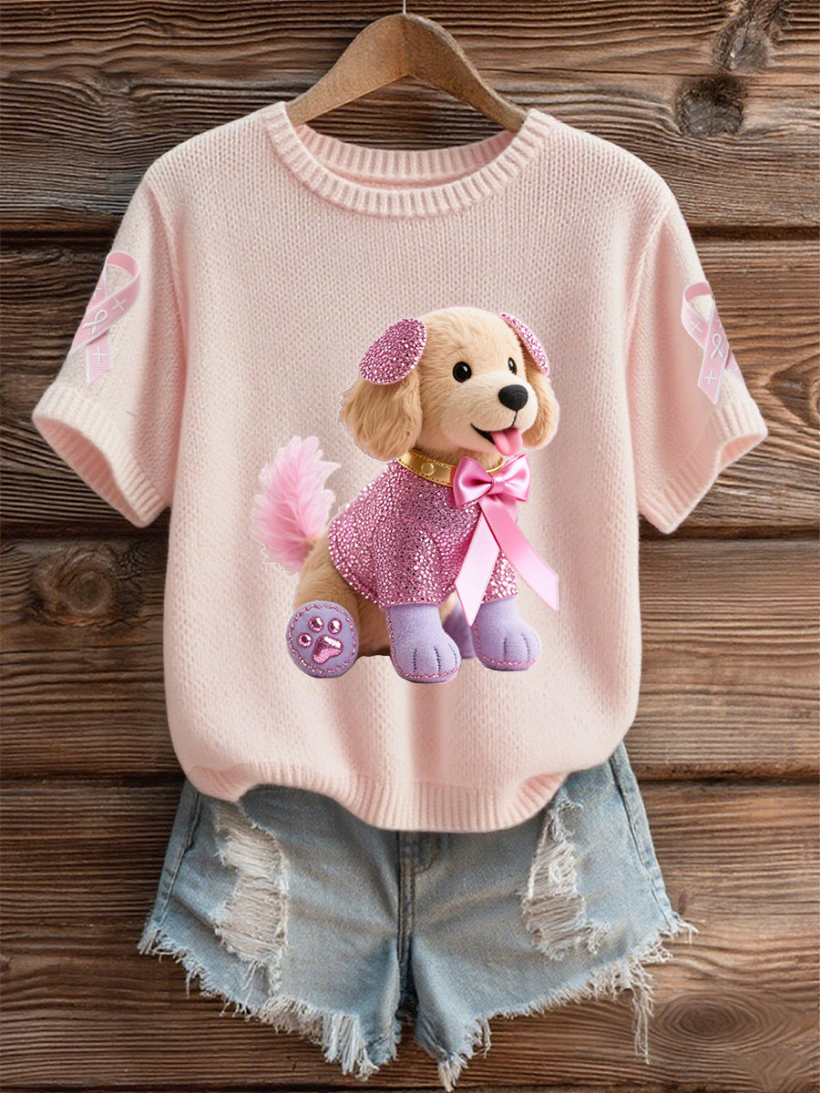 Women's Breast Cancer Awareness Support Pink Dog Pink Ribbon Print Short Sleeve Top