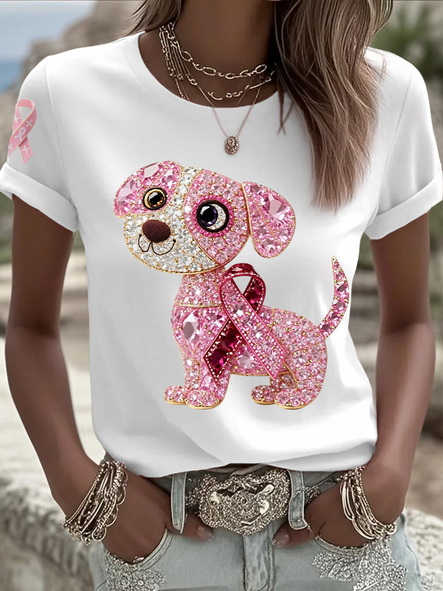 Women's Breast Cancer Awareness Support Pink Dog Pink Ribbon Print Short Sleeve Top