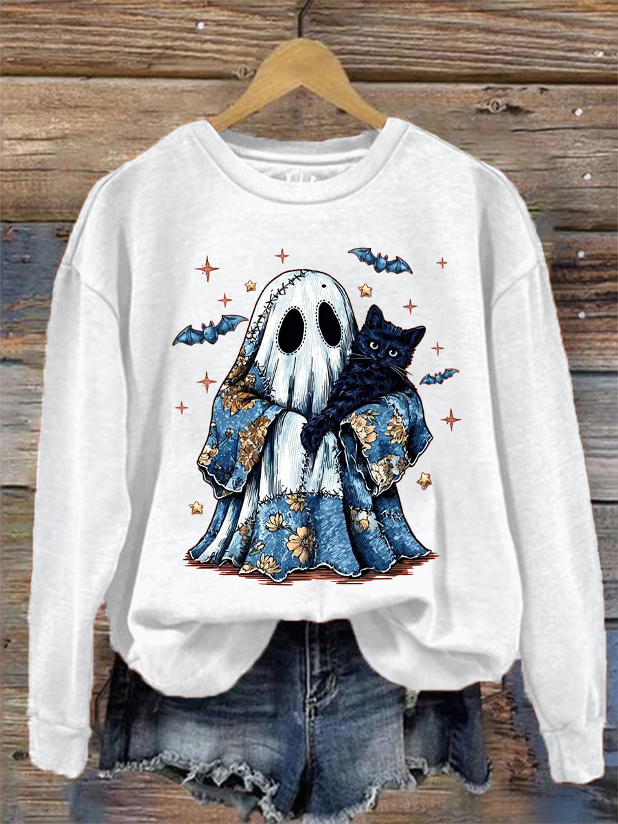 Women's Cute Halloween Ghost Black Cat Print Casual Sweatshirt