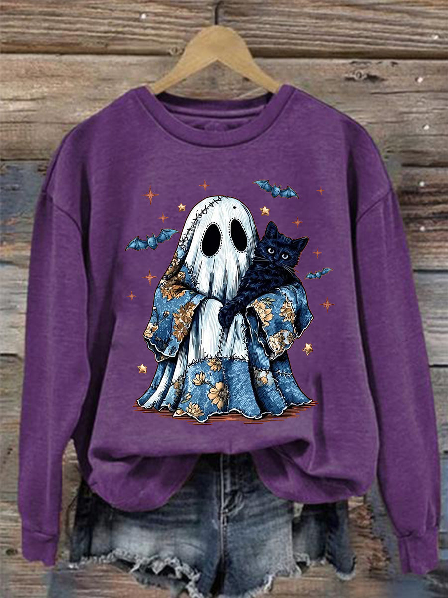 Women's Cute Halloween Ghost Black Cat Print Casual Sweatshirt