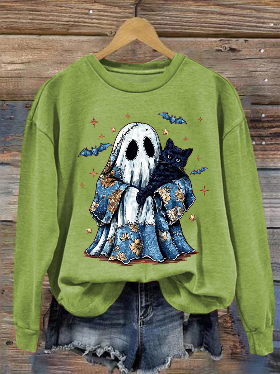 Women's Cute Halloween Ghost Black Cat Print Casual Sweatshirt