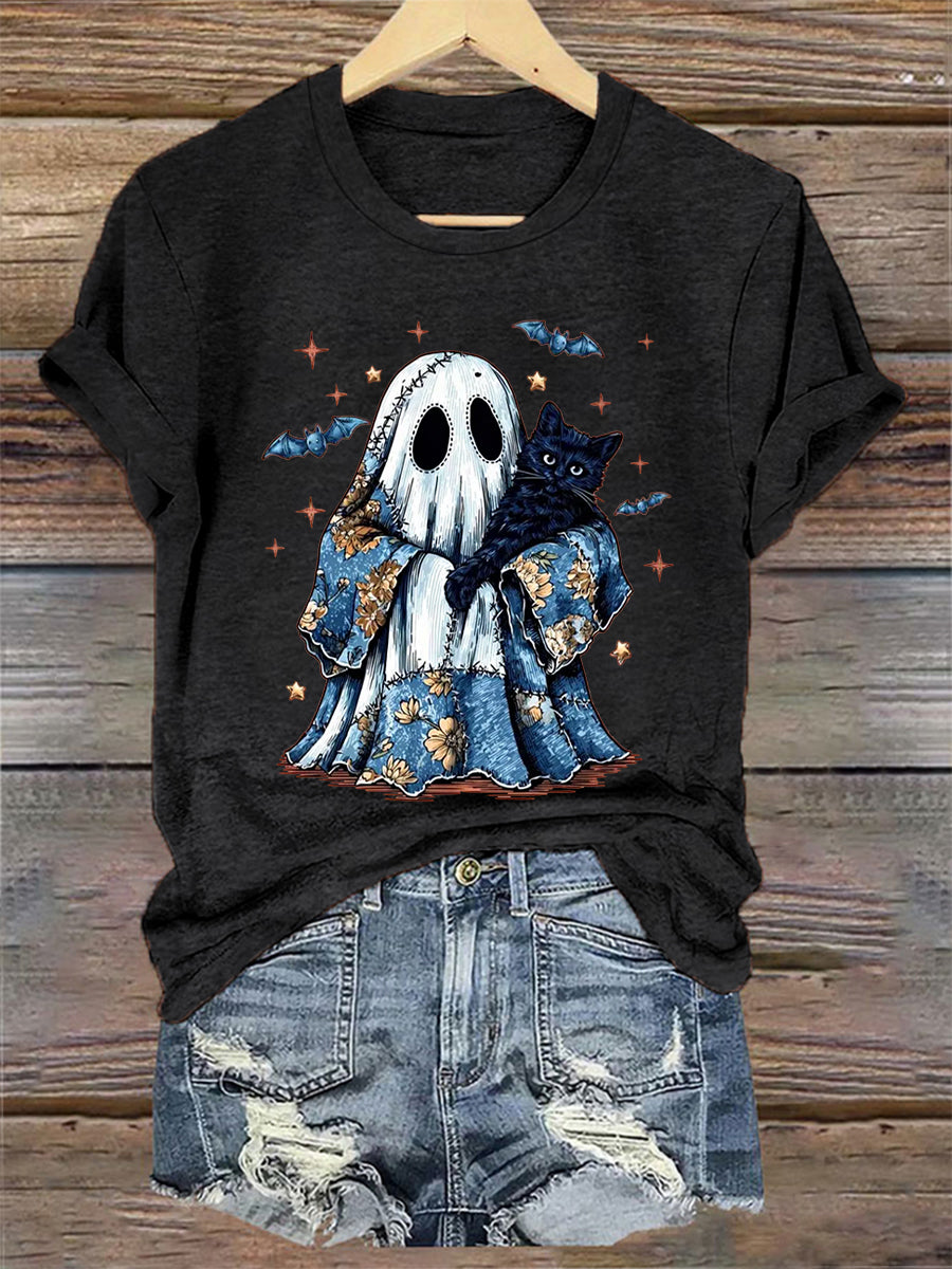Women's Cute Halloween Ghost Black Cat Print Casual Tee