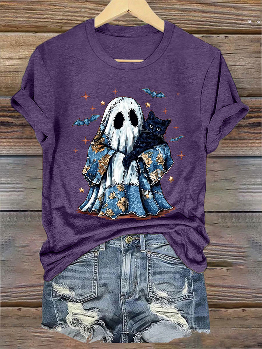 Women's Cute Halloween Ghost Black Cat Print Casual Tee
