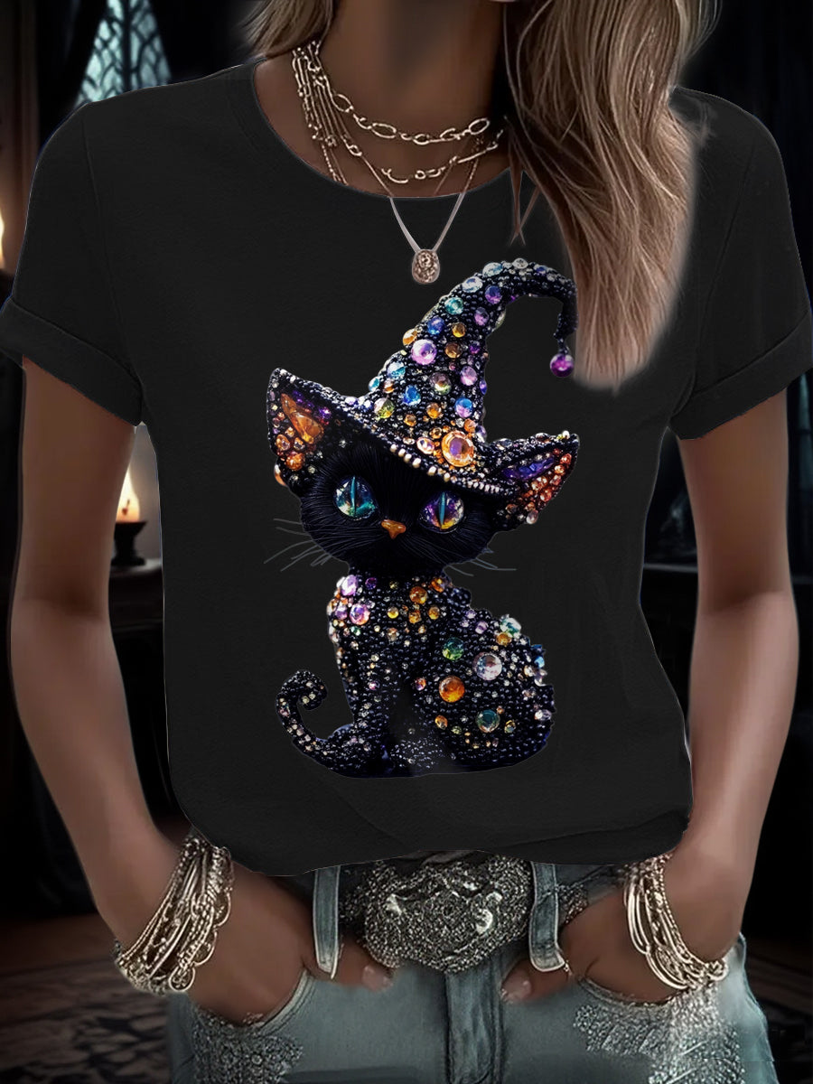 Women's Funny Halloween Cat Art Printed T-Shirt