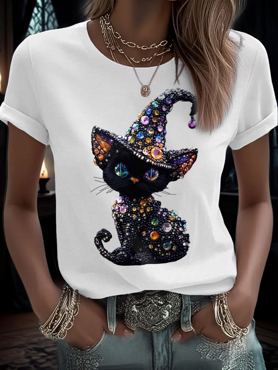 Women's Funny Halloween Cat Art Printed T-Shirt