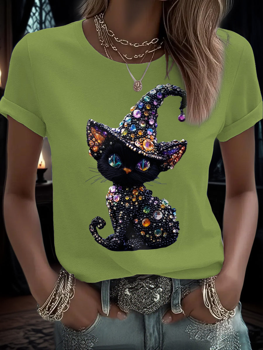 Women's Funny Halloween Cat Art Printed T-Shirt