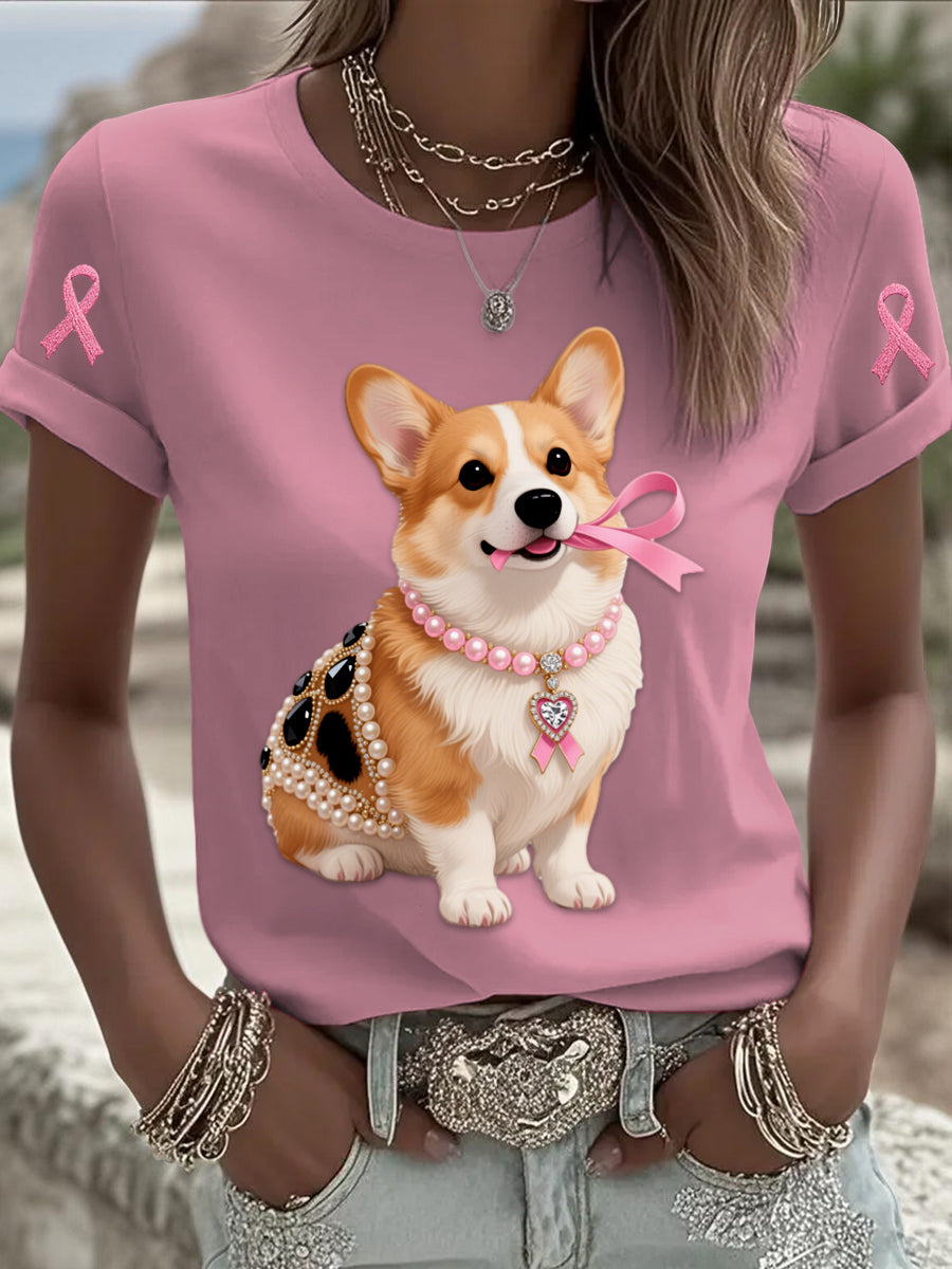 Retro Breast Cancer Pearl Jewelry Corgi Puppy Print Comfortable Casual Cotton Short-sleeved T-shirt