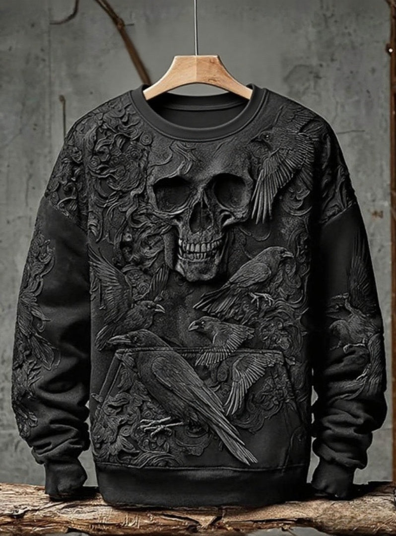Vintage Halloween Crow Skull Print Art Casual Sweatshirt