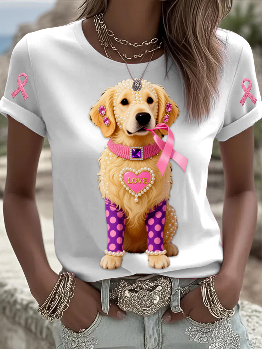 Retro Breast Cancer Pearl Jewelry Loves Cute Dog Print Comfortable Casual Cotton Short-sleeved T-shirt
