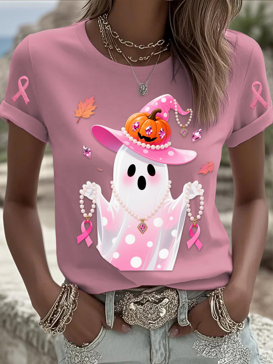 Retro Breast Cancer Pearl Halloween Ghost Print Comfortable Casual Cotton Short-sleeved T-shirt