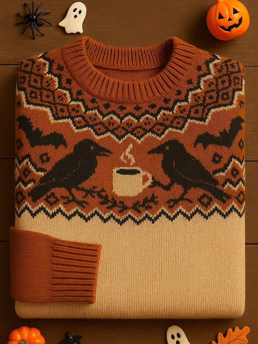 Women's Vintage Halloween Crow Art Print Long Sleeve Sweatshirt