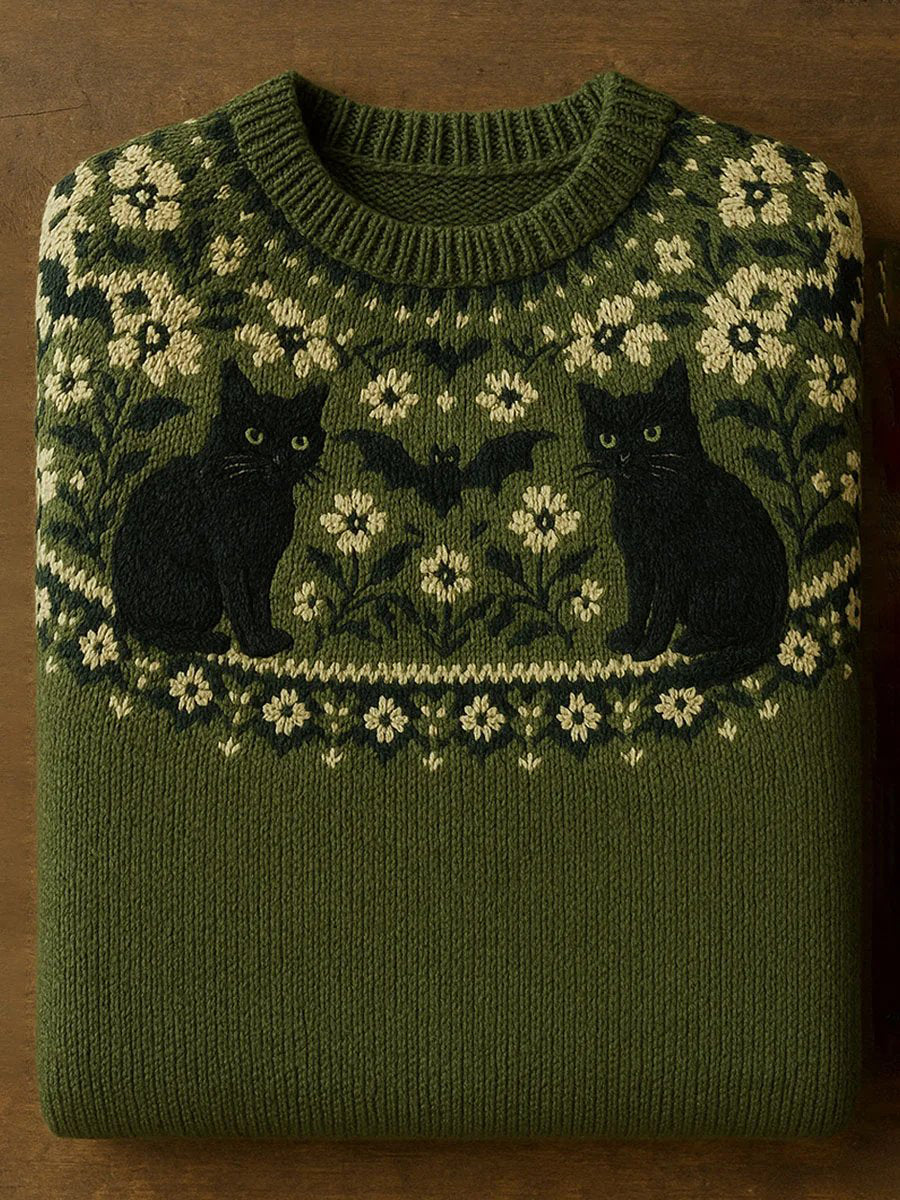 Women's Vintage Halloween Cat Art Print Long Sleeve Sweatshirt