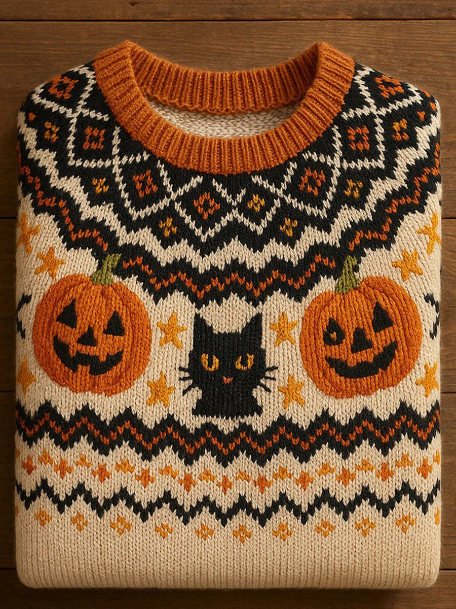 Women's Vintage Halloween Black Cat Pumpkin Art Print Long Sleeve Sweatshirt