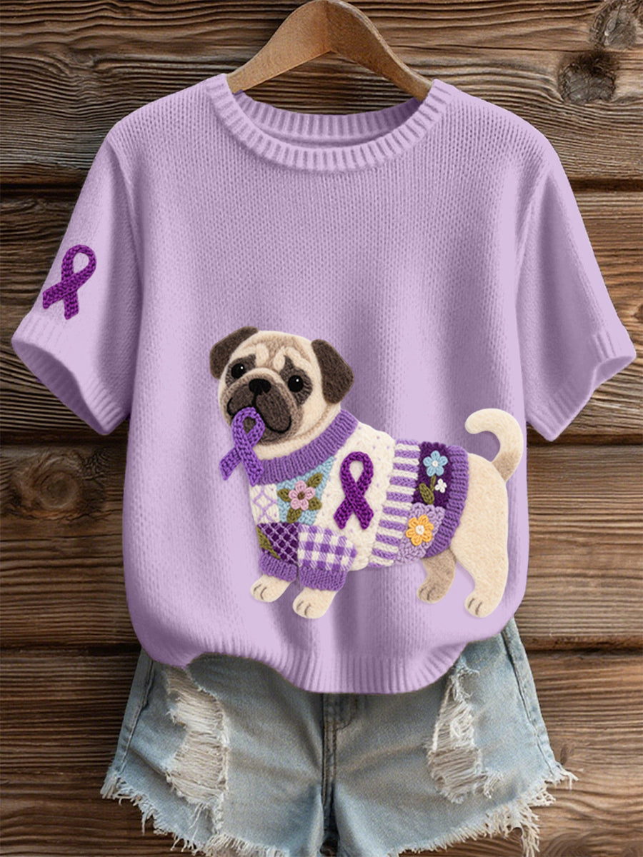Women's Felt Art Pug Pattern Cozy Knit Top