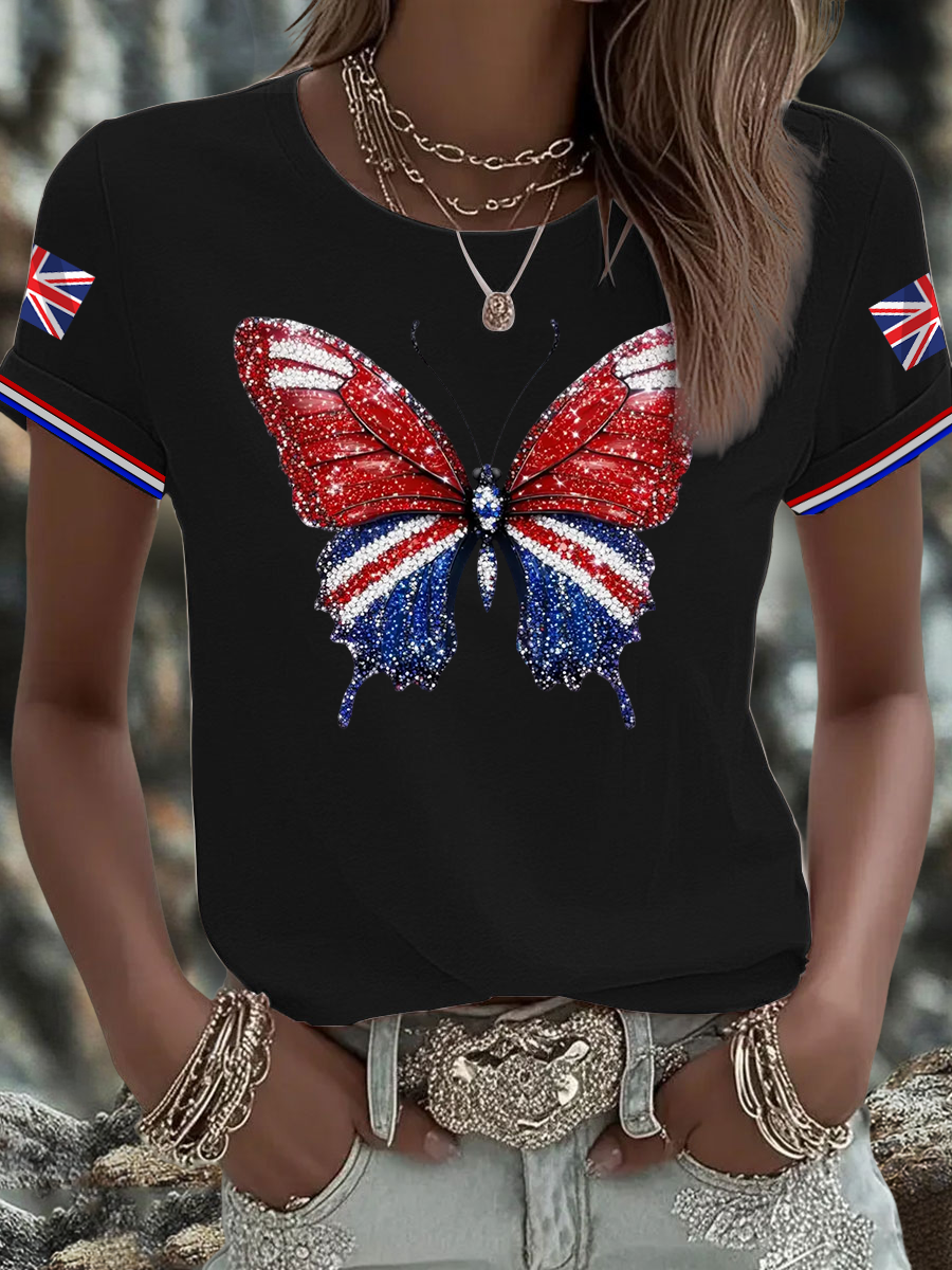 Women's British imitation diamond hot-drilling Printed short-sleeved T-shirt