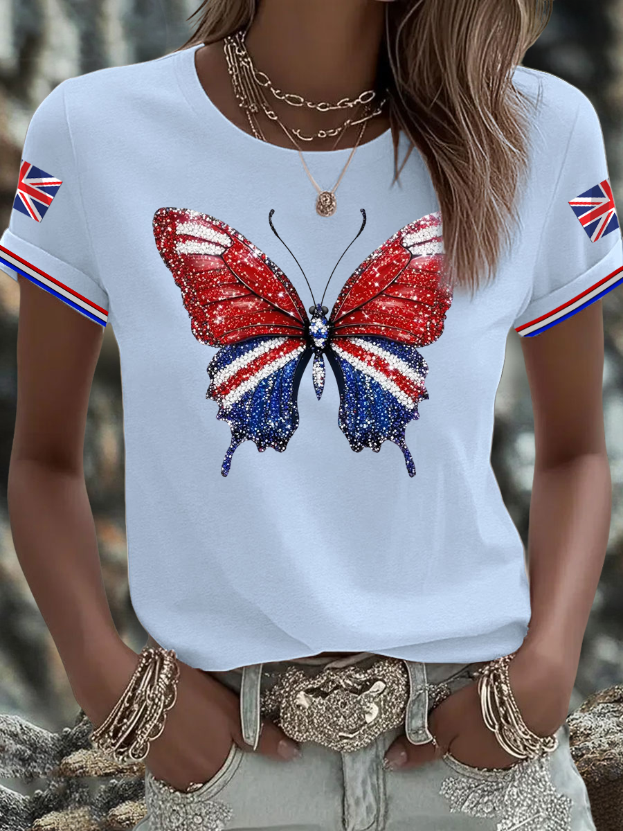 Women's British imitation diamond hot-drilling Printed short-sleeved T-shirt