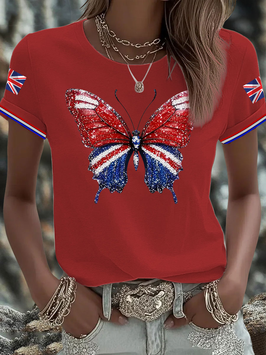 Women's British imitation diamond hot-drilling Printed short-sleeved T-shirt