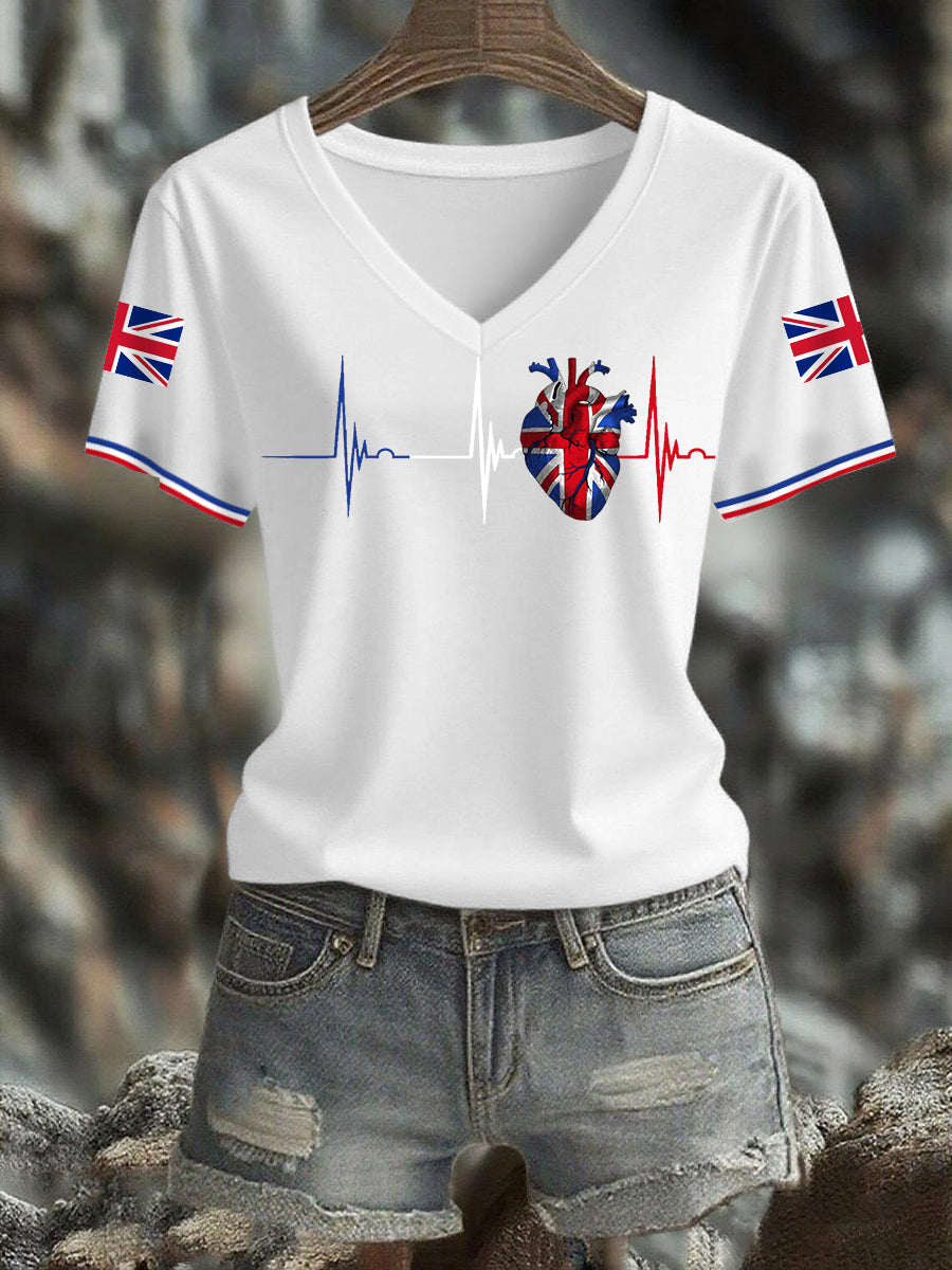 Women's UK Flag Heartbeat Print Casual V-Neck Tee