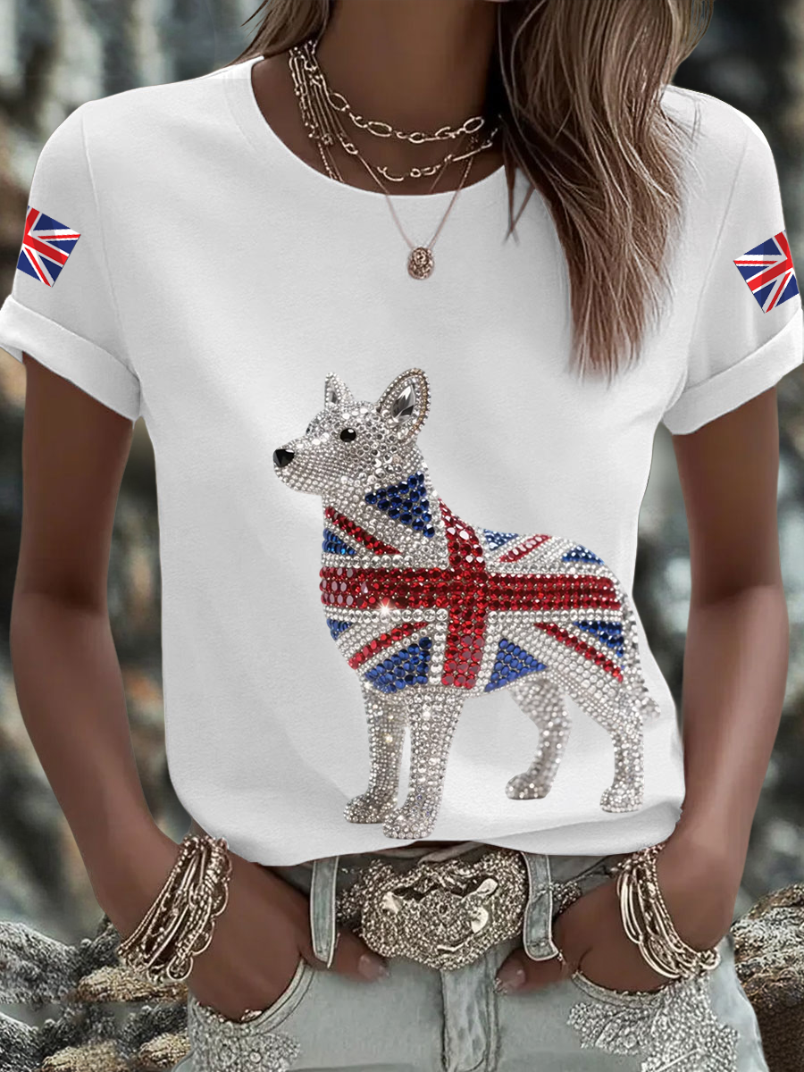 Women's British imitation diamond hot-drilling Printed short-sleeved T-shirt