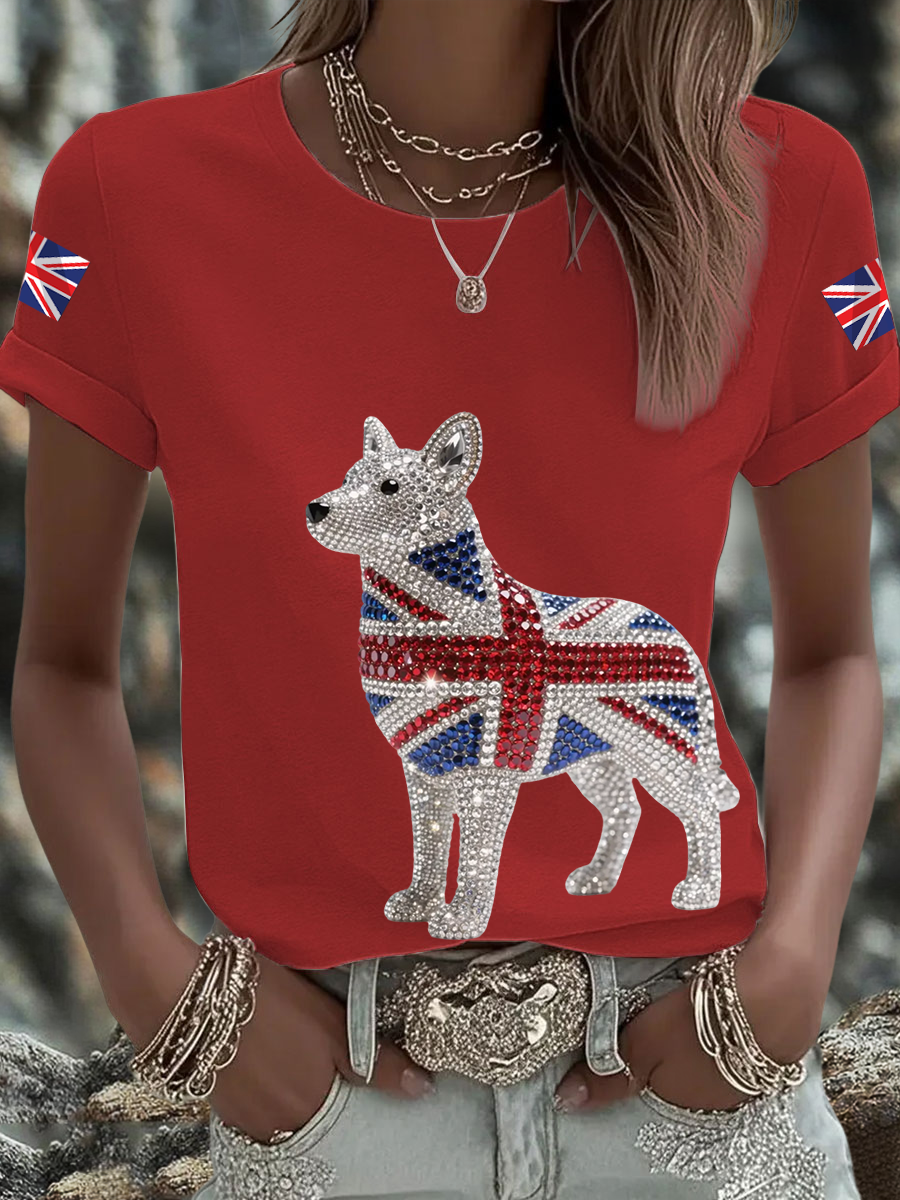 Women's British imitation diamond hot-drilling Printed short-sleeved T-shirt