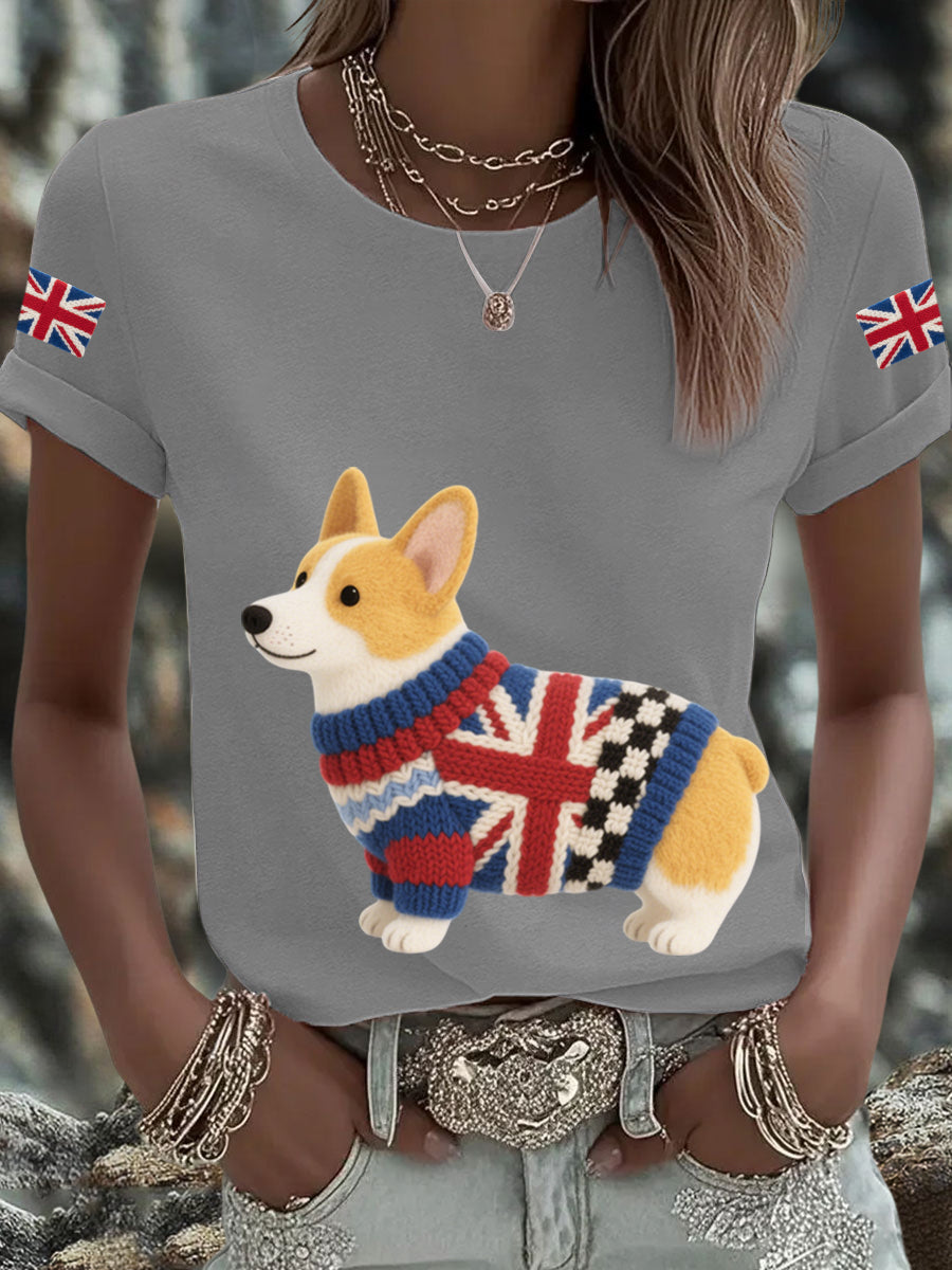 Women's UK Flag Corgi Printed T-shirt