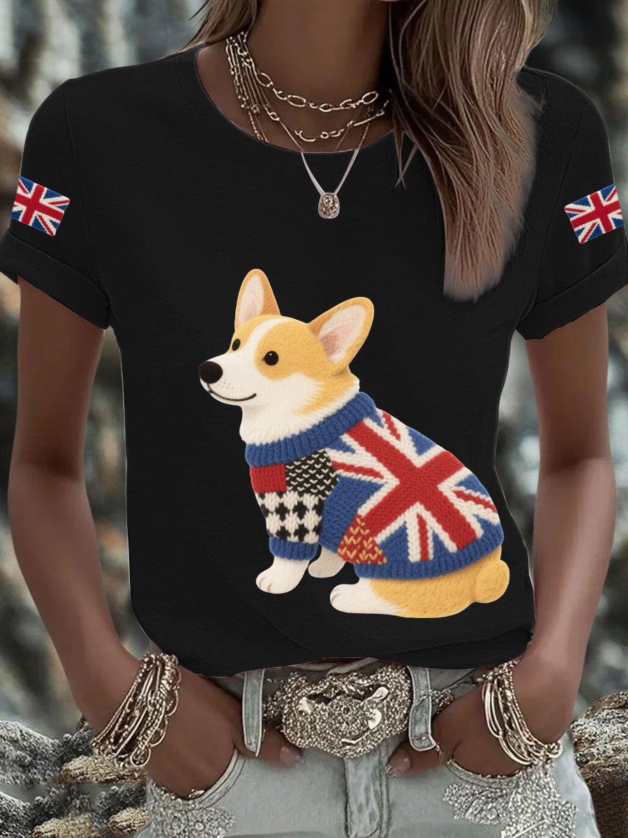 Women's UK Flag Corgi Printed T-shirt