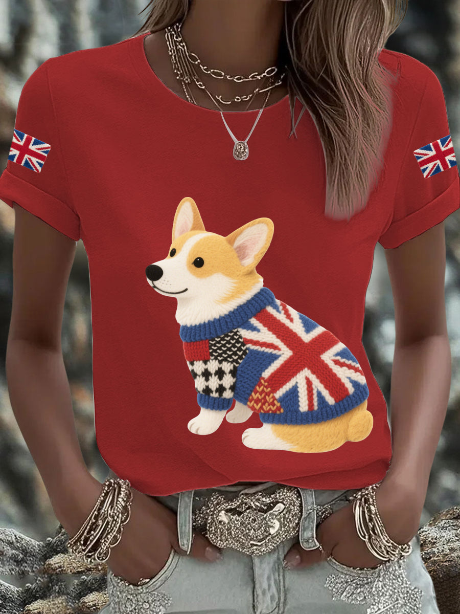 Women's UK Flag Corgi Printed T-shirt