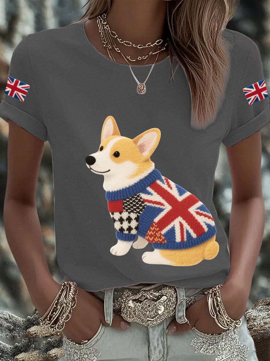 Women's UK Flag Corgi Printed T-shirt