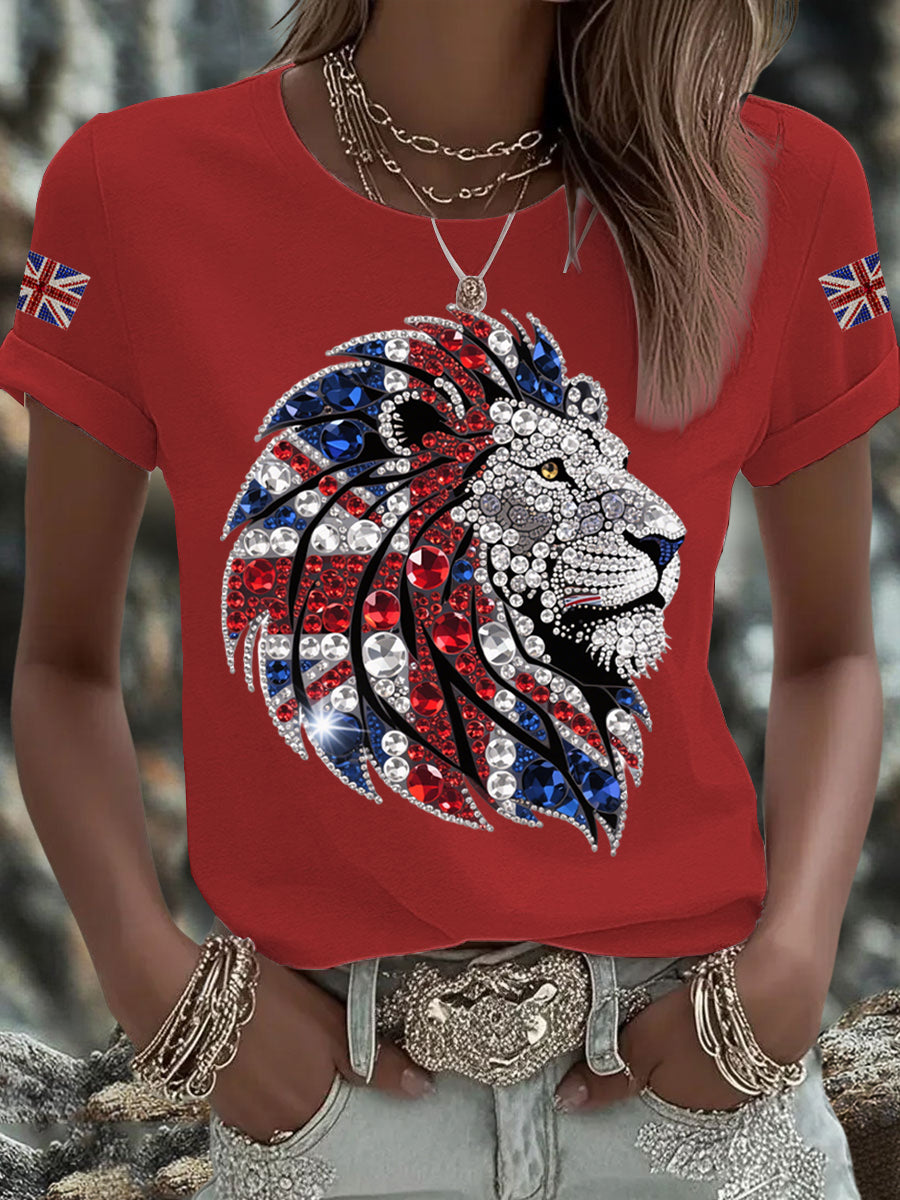 Women's British imitation diamond hot-drilling Printed Iron On Short Sleeve T-Shirt