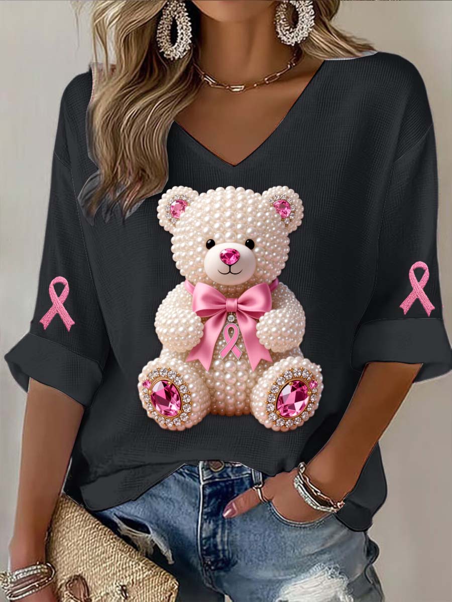 Vintage Breast Cancer Bear Pearls Abstract Print Casual Cotton Long Sleeve T-Shirt