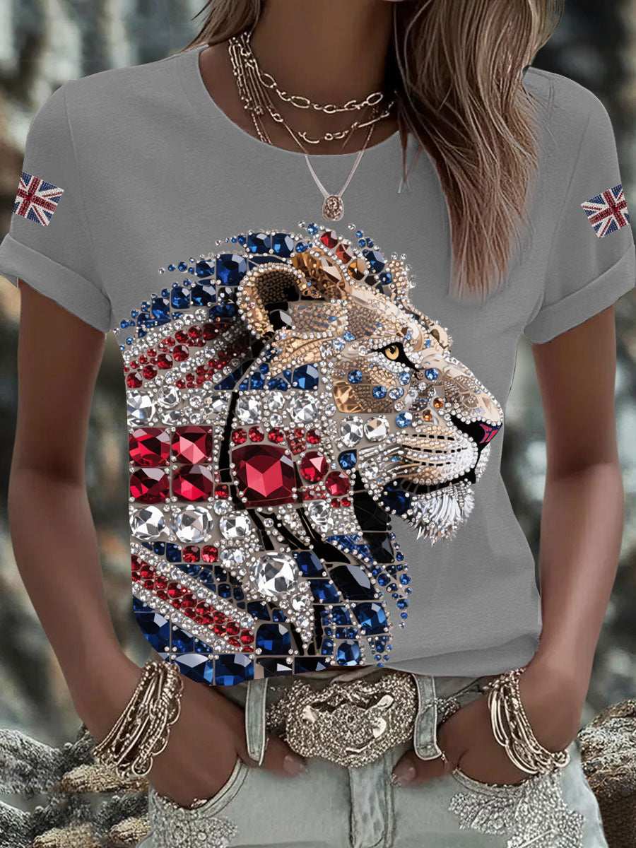 Women's British imitation diamond hot-drilling Printed T-shirt