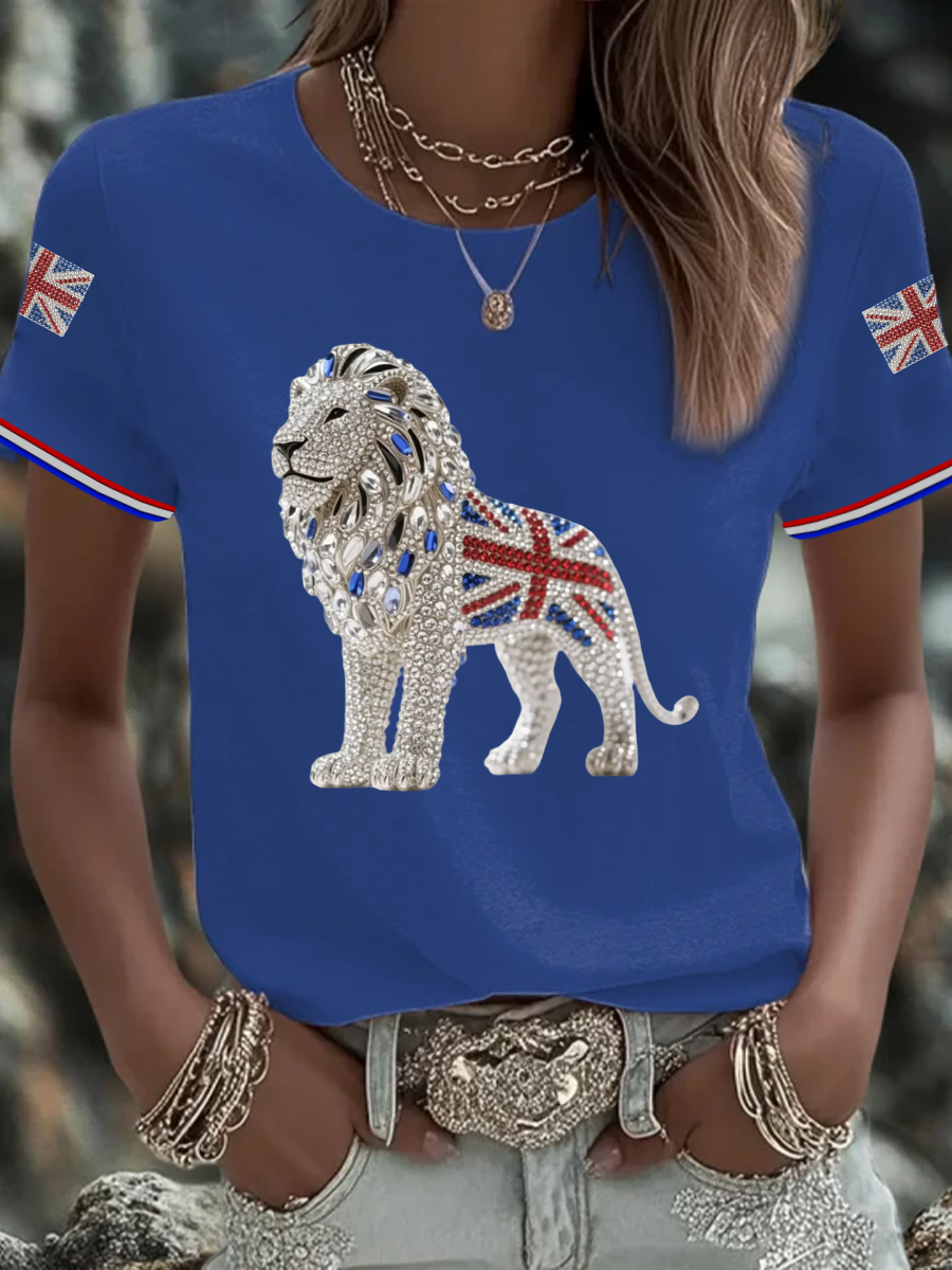 Women's British imitation diamond hot-drilling Printed short-sleeved T-shirt