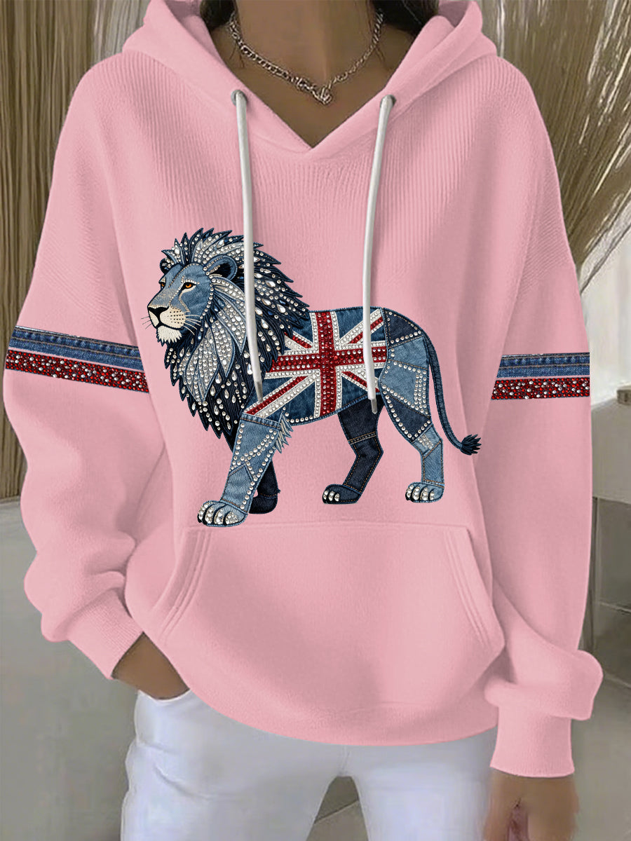 Women's British style imitation denim rhinestone hot-drill print casual hoodie