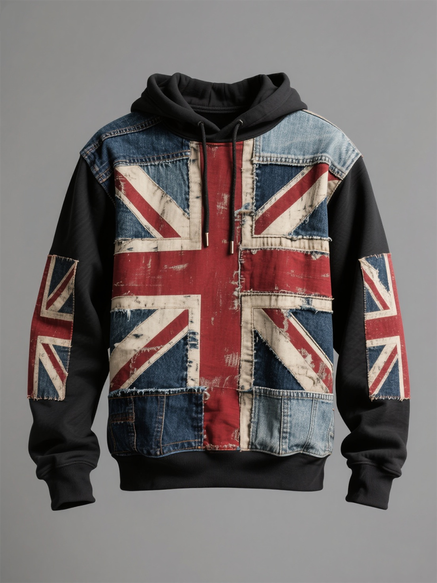 Unisex Union Jack and patchwork printed Drop-Shoulder Hoodie (No Pockets)