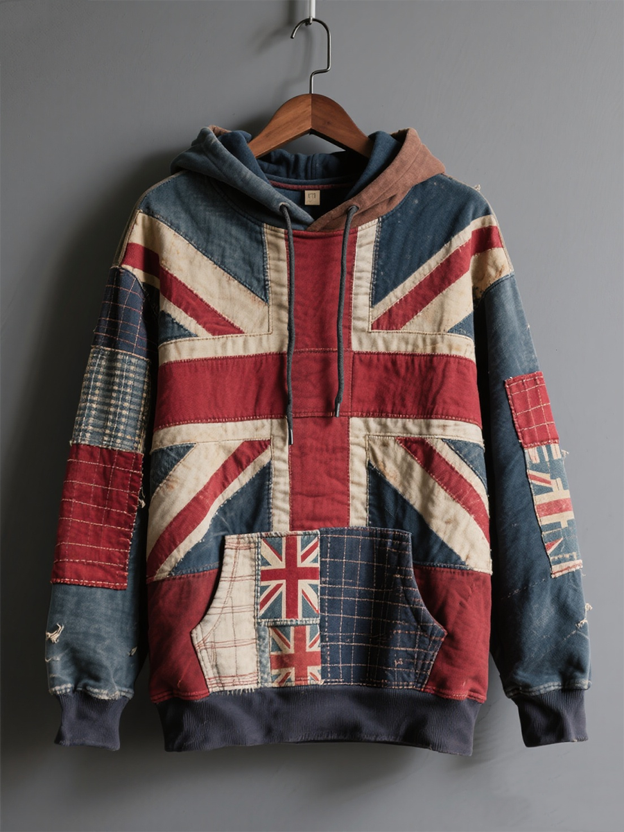 Men's British Flag Printed Casual Oversized Drop-Shoulder Hoodie with Pockets