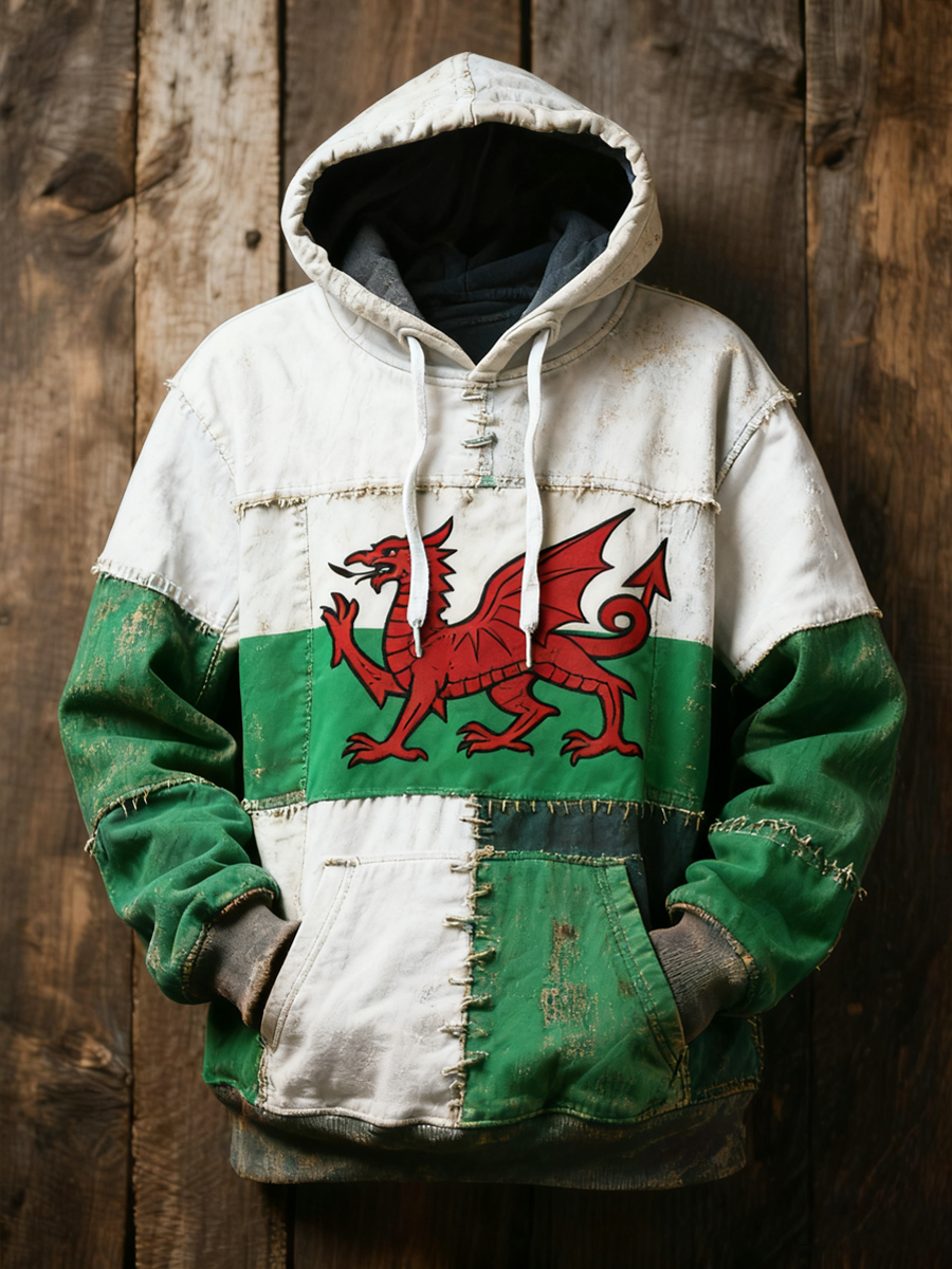 Unisex Welsh flag and patchwork style Printed Oversized Drop-Shoulder Hoodie with Pockets
