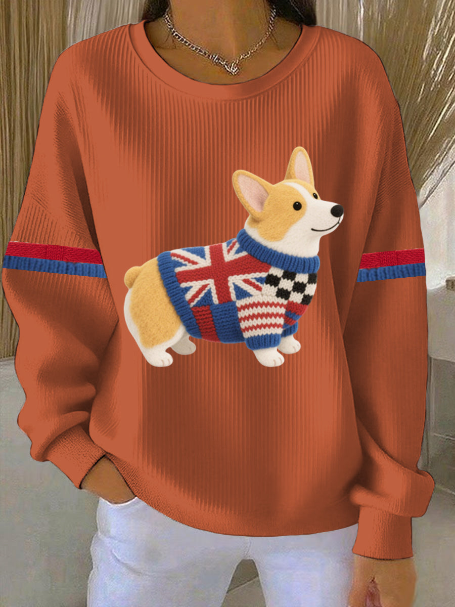 Women's British Faux Felt Corgi Print Casual Sweatshirt