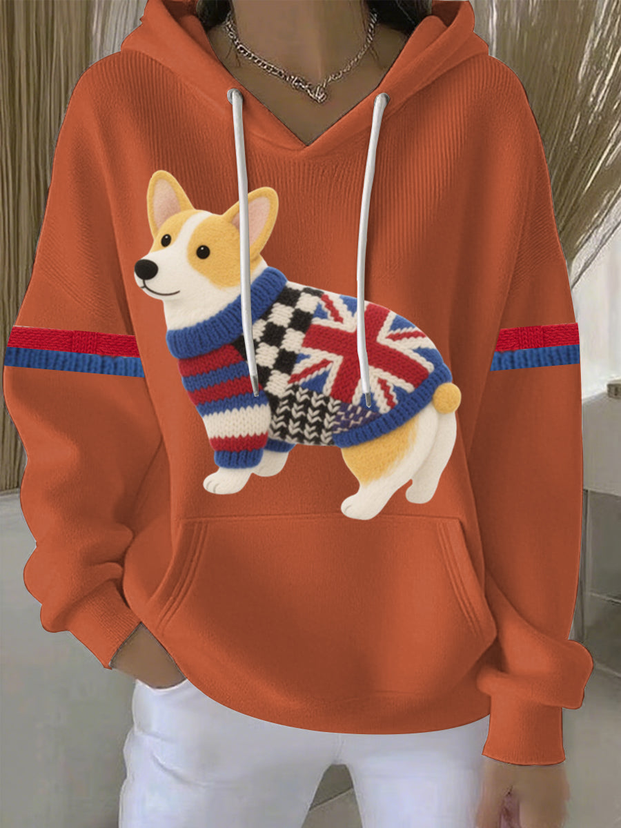 Women's British Faux Felt Corgi Print Casual Hoodie