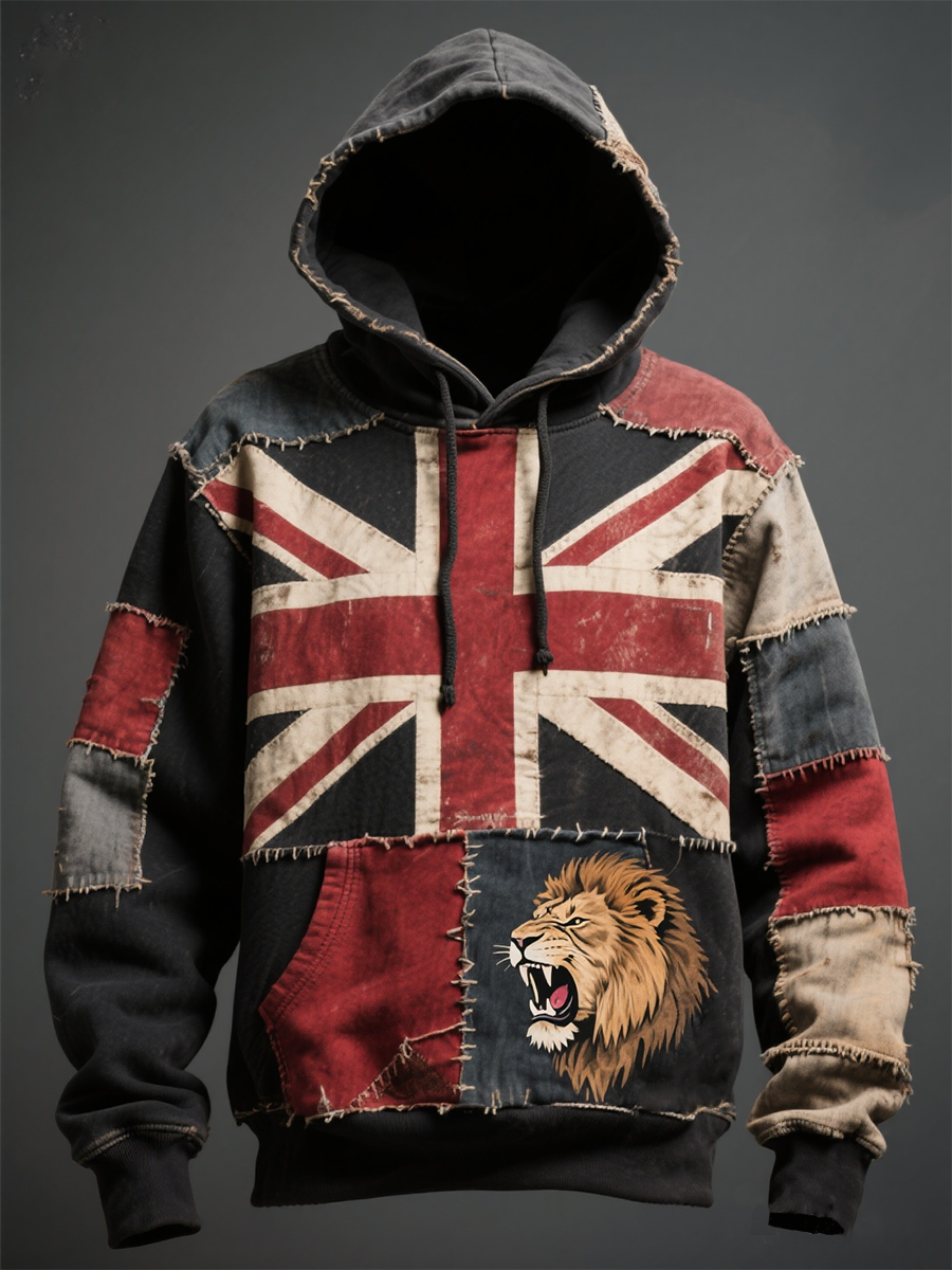 Men's British lion combined with retro old style Printed Oversized Drop-Shoulder Hoodie with Pockets