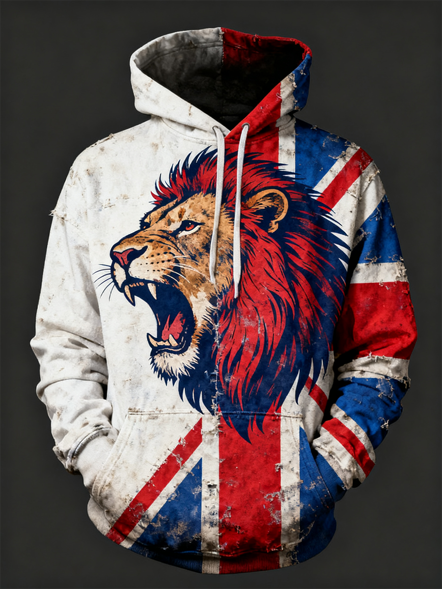 Men's British lion combined with retro old style Printed Oversized Drop-Shoulder Hoodie with Pockets