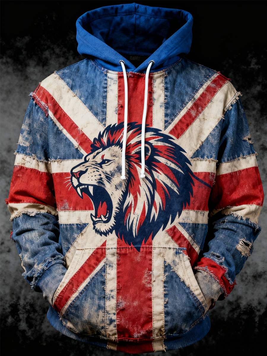 Men's British lion combined with retro old style Printed Oversized Drop-Shoulder Hoodie with Pockets