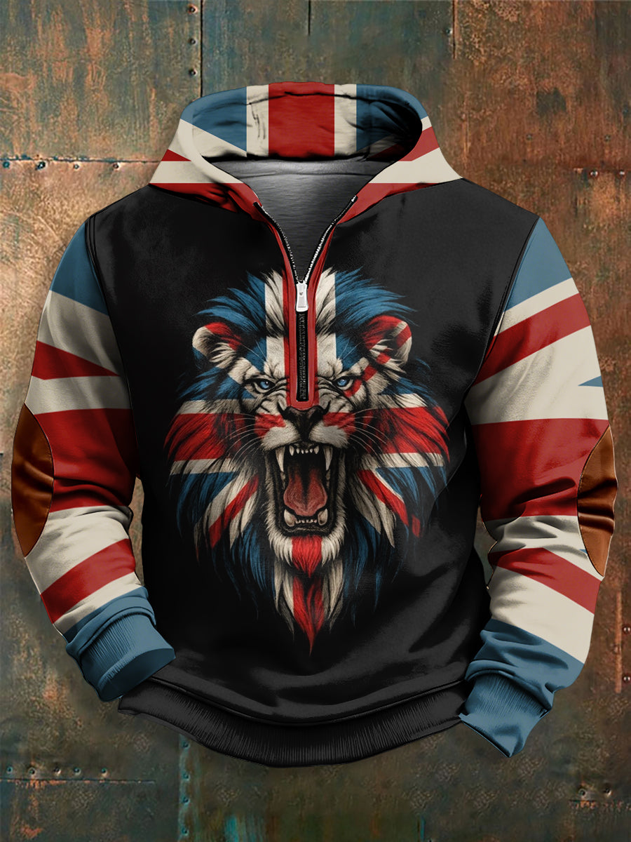 Men's UK Flag Lion Printed Long Sleeve Hoodie