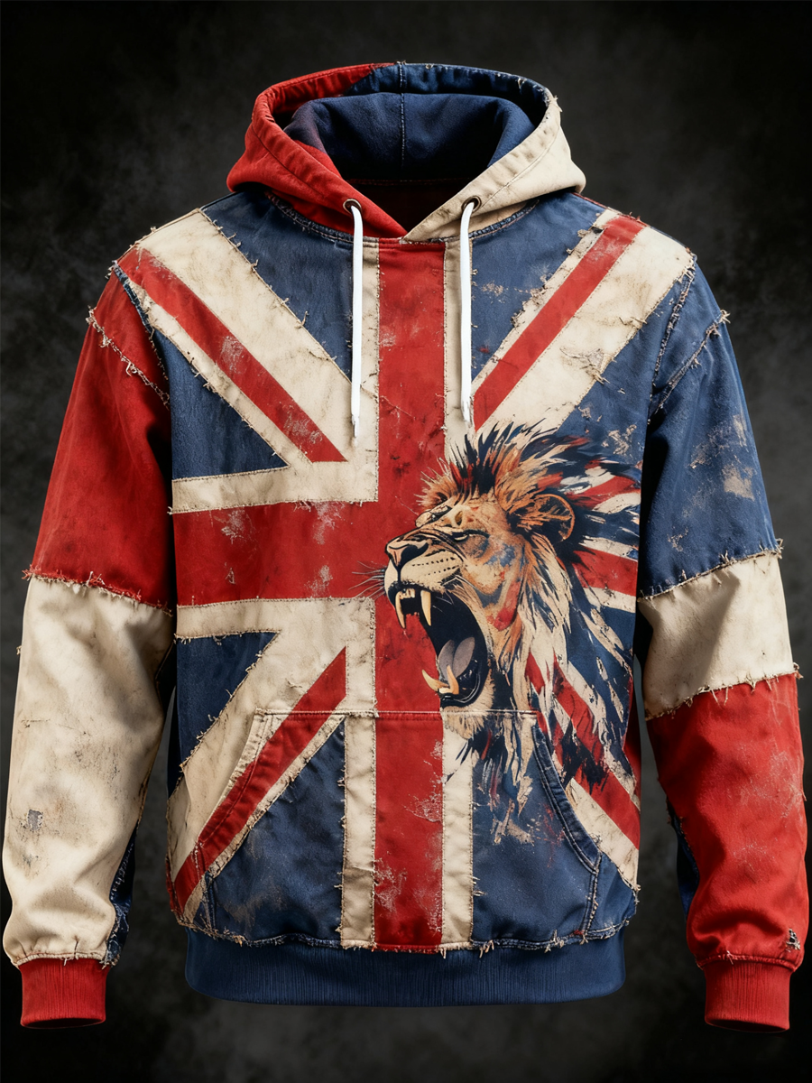 Men's British lion combined with retro old style Printed Oversized Drop-Shoulder Hoodie with Pockets