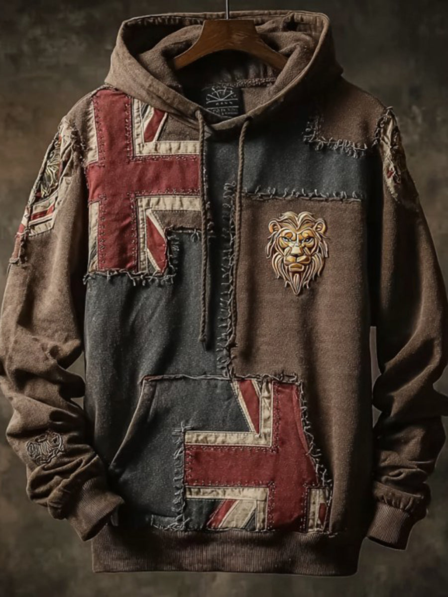 Men's Vintage England Flag Lion Printed Hoodie